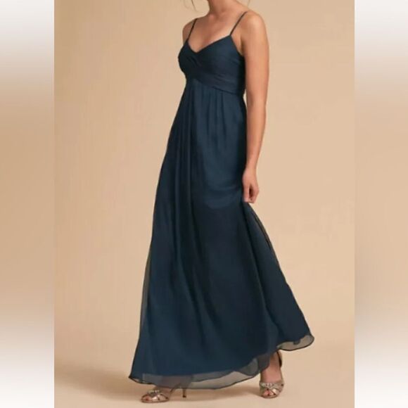BHLDN Navy Blue Brigitte Sheered Waist Chiffon Maxi Prom Dress Size Medium - Picture 2 of 13